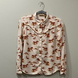 Wrangler Kids Shirt with Horse Print - Cream and Brown